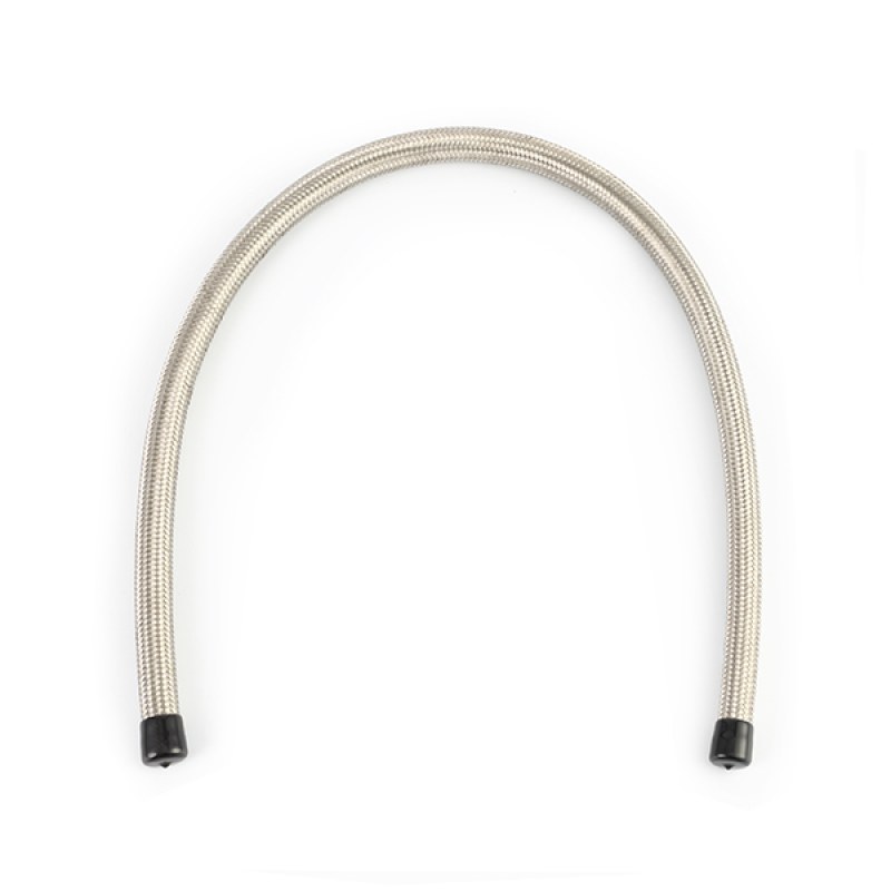 Close-up of Mishimoto stainless steel braided line for automotive use
