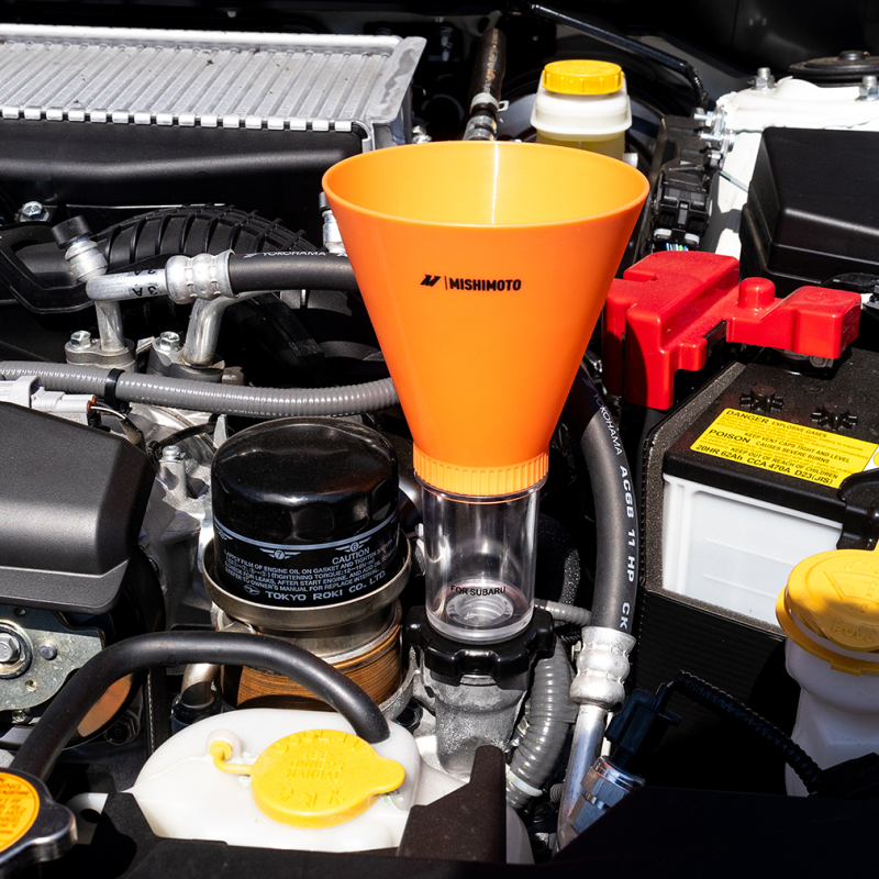 Close-up of Mishimoto Screw On Oil Funnel designed for Subaru