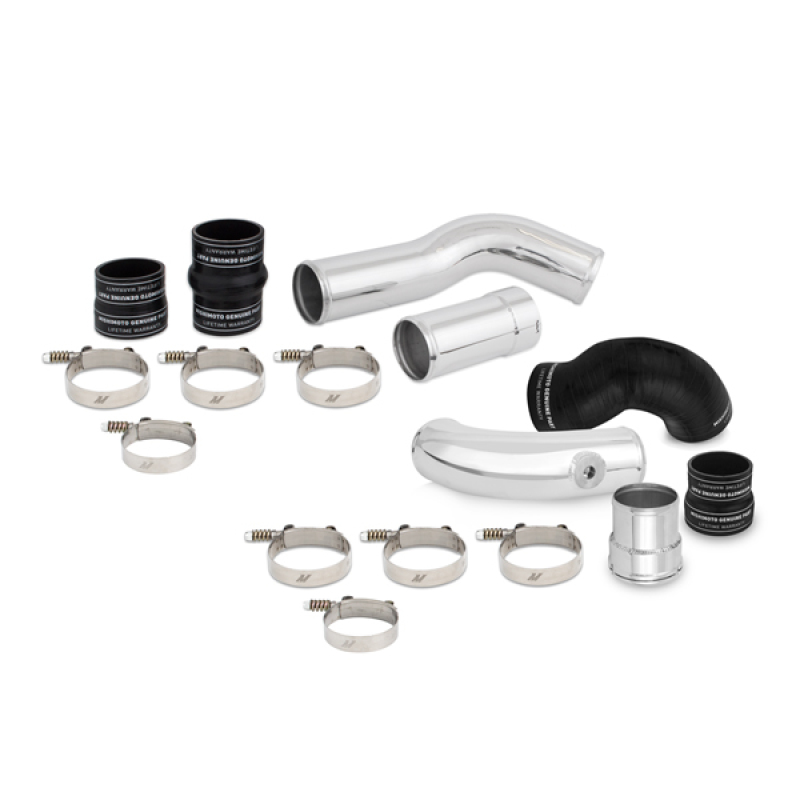 Mandrel-bent aluminum intercooler pipes with CNC quick-disconnect flanges from Mishimoto forced induction kit