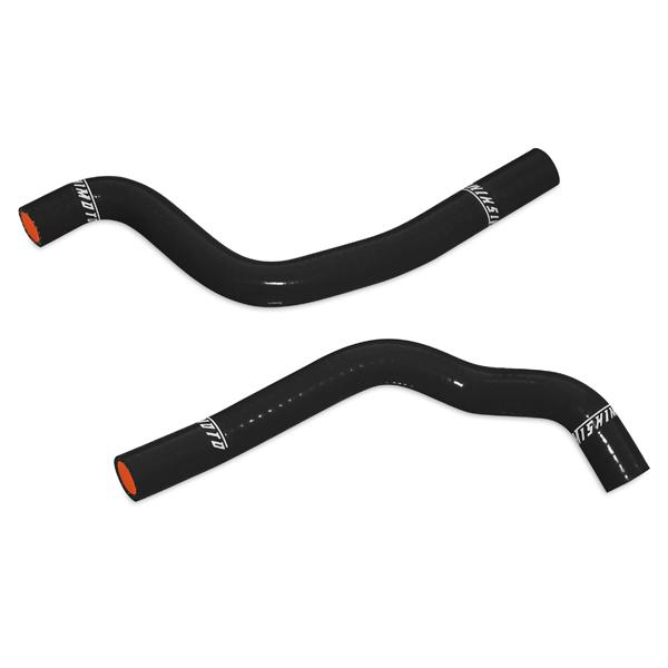 Pair of black Mishimoto silicone radiator hoses included with Lifetime Warranty packaging