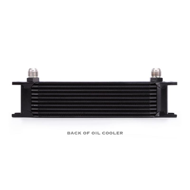 Close-up of Mishimoto black oil cooler core with male AN Flare inlet and outlet fittings