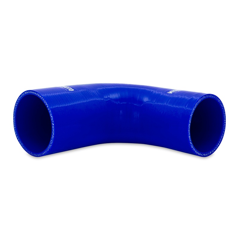 Close-up of Mishimoto silicone air intake coupler showing the 90-degree bend and blue finish