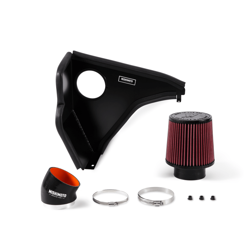 Black powder-coated steel heatshield with pre-assembled rubber trim for Mishimoto E46 intake