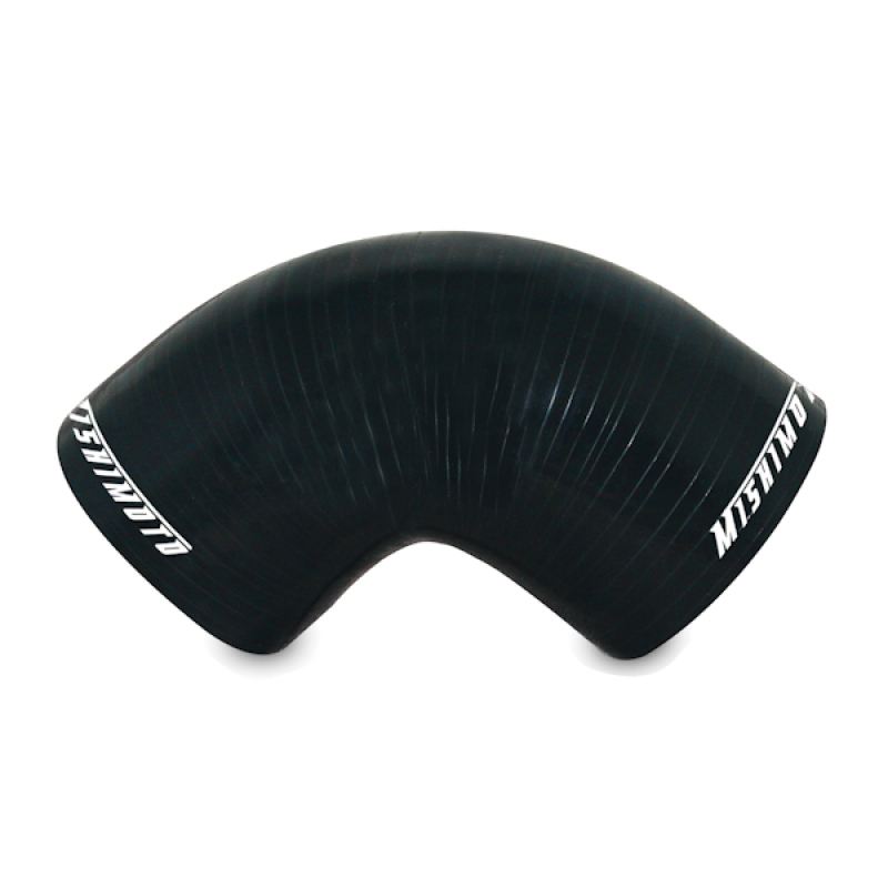 Close-up of Mishimoto silicone coupler showing 90-degree transition shape and black finish