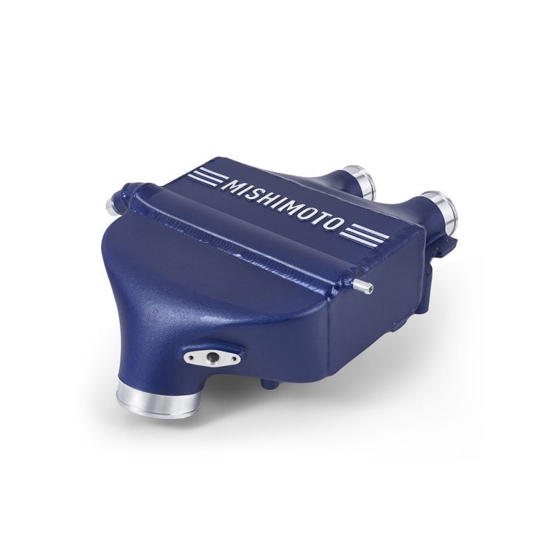Frozen Dark Blue Mishimoto air-to-water intercooler installed on BMW F8X platform