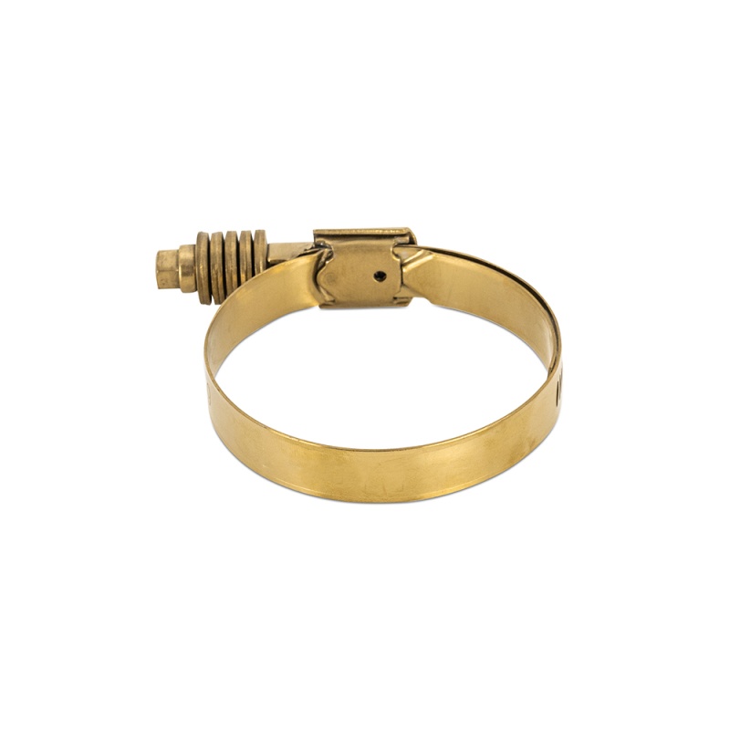 Close-up of Mishimoto gold worm gear clamp showing constant tension mechanism