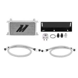Mishimoto 19-row oil cooler kit MMOC-MUS-79 mounted in the front bumper of a Fox Body Mustang