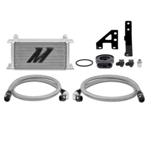 Mishimoto 19-row oil cooler kit mounted low in the front bumper of a 2015-2021 Subaru WRX
