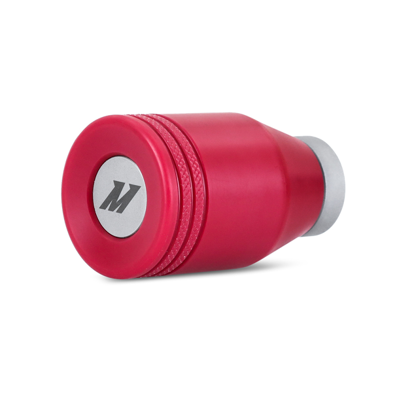 Red and silver Mishimoto shift knob for Subaru WRX interior