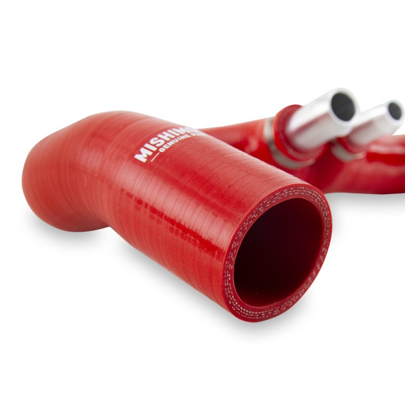 Close-up of Mishimoto red silicone hose showing five-layer heat-resistant construction