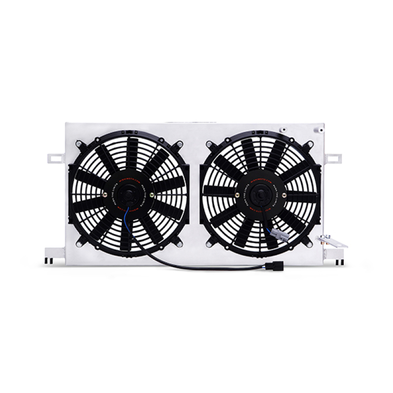 Side view of Mishimoto aluminum fan shroud kit highlighting its slim 3.5-in depth profile