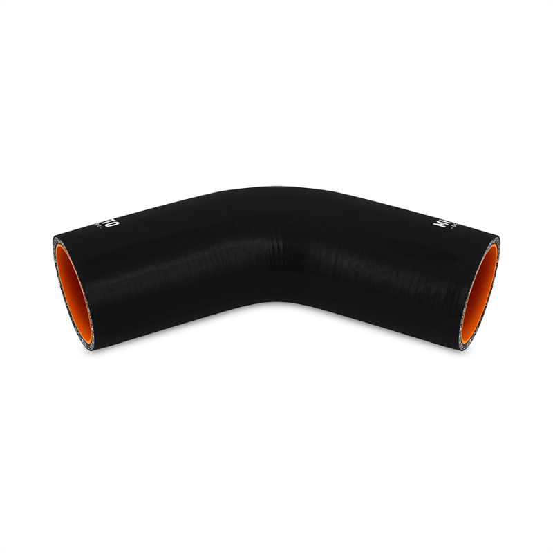 Mishimoto 2.5 inch silicone coupler in black shown at 45-degree elbow angle
