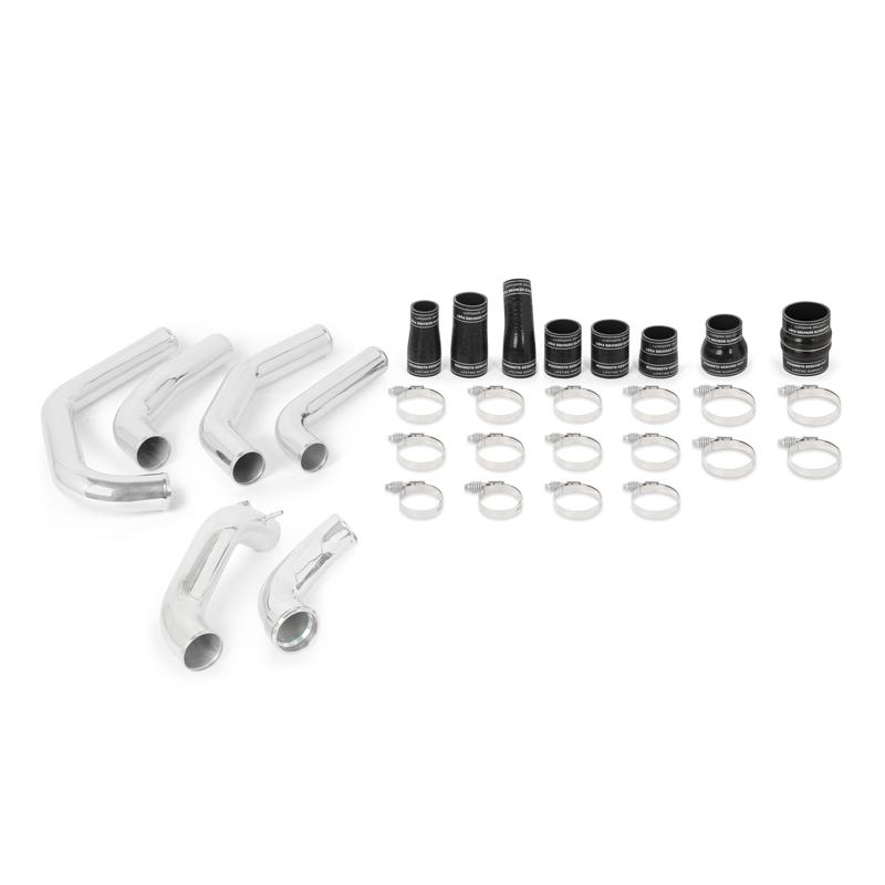 Polished aluminum hot-side intercooler pipes with DuraCore silicone boots and worm-gear clamps