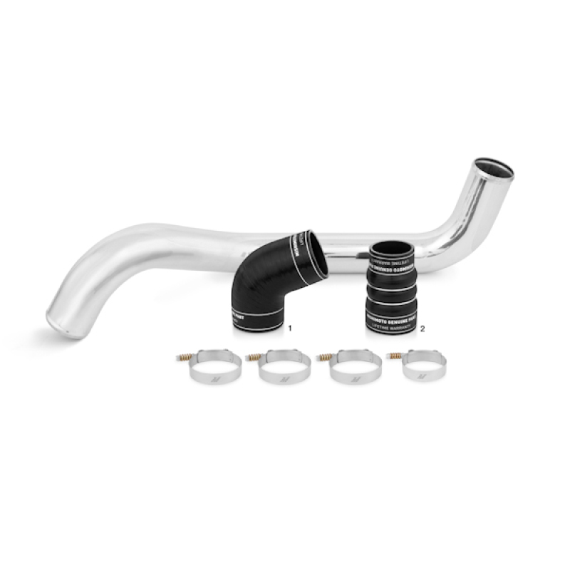 Close-up of Mishimoto DuraCore silicone boot and T-bolt clamp connection on Duramax pipe kit