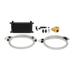 Mishimoto 19-row black oil cooler kit mounted in front bumper of 2008-2014 Subaru WRX STI