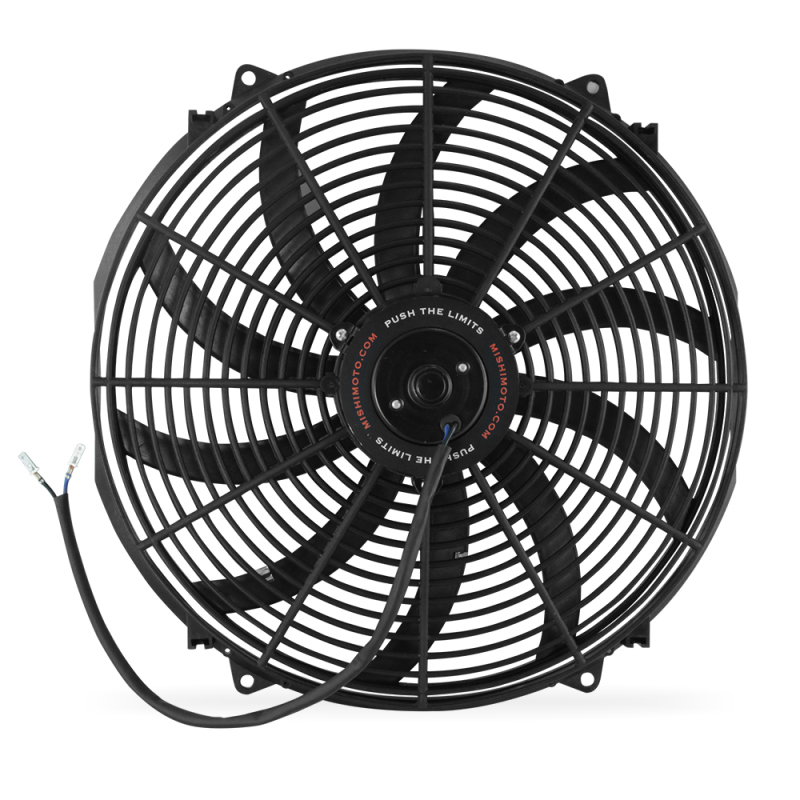 Front view of Mishimoto 16-in curved black plastic fan blades on universal cooling fan MMFAN-16C