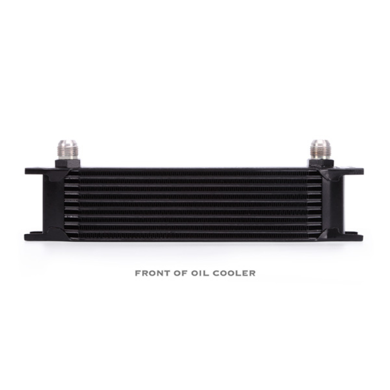 Black Mishimoto oil cooler core showing 10-row bar-and-plate construction and AN fittings