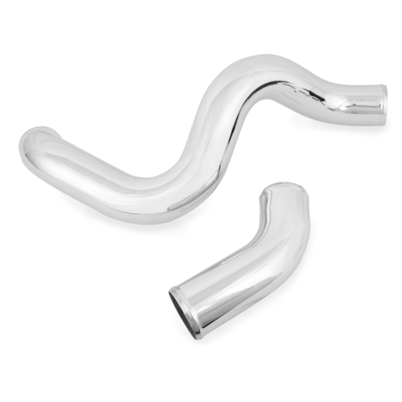 Mishimoto hot-side intercooler pipe kit installed comparison showing 3in versus 2.5in factory piping