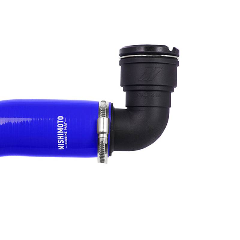 Mishimoto quick-disconnect coupler on blue silicone radiator hose for Ford F-150 Raptor