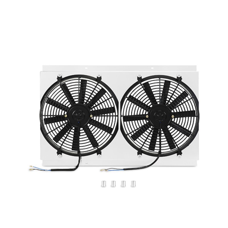 Close-up of Mishimoto 14-inch electric fan with 10 straight plastic blades on aluminum shroud