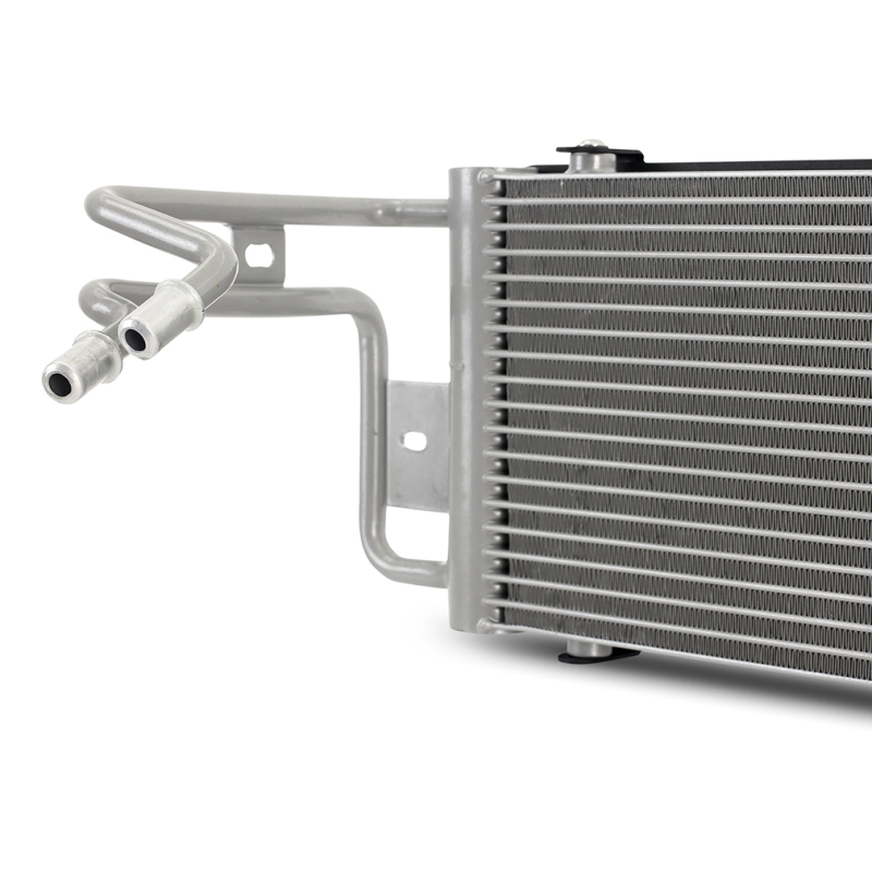 Close-up of Mishimoto transmission cooler MMTC-G80-21 silver finish