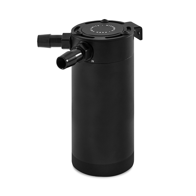 Mishimoto XL catch can with included black anodized barbed aluminum fittings