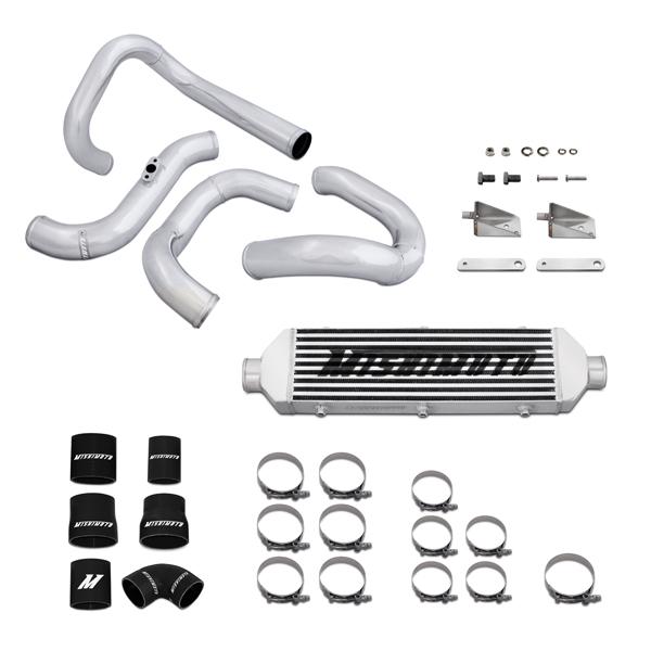 Silver aluminum Mishimoto intercooler with cast end tanks for Genesis Coupe 2.0T forced induction