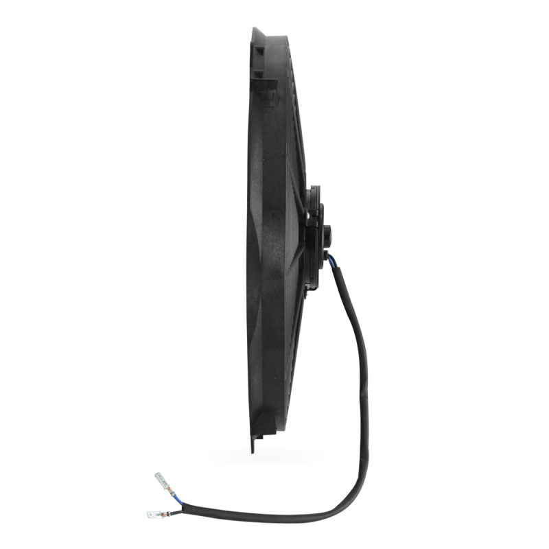Mishimoto MMFAN-16C cooling fan showing female snap-plug terminal wiring connection
