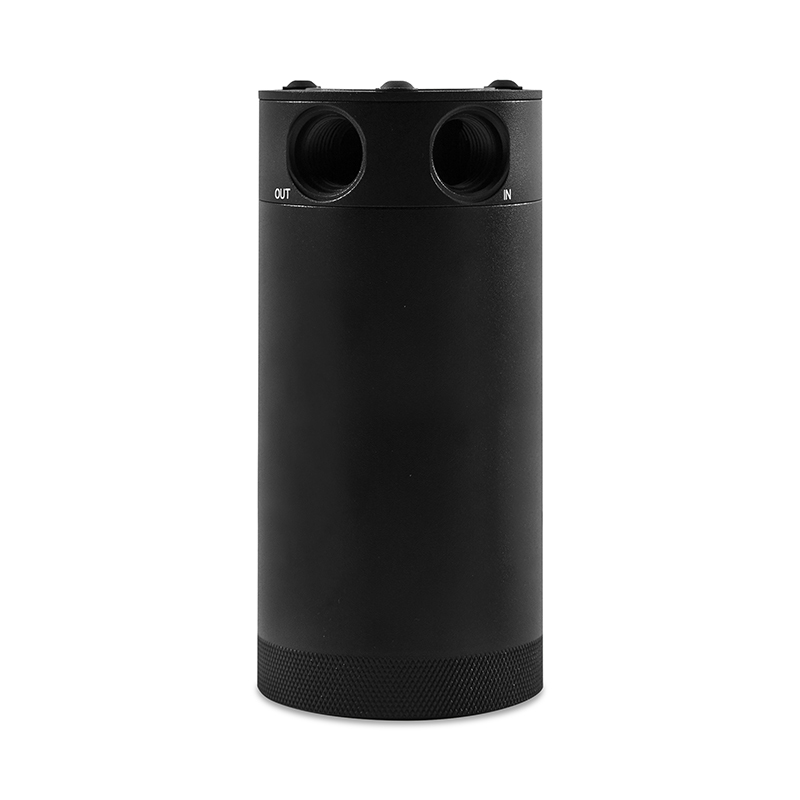 Two-port Mishimoto catch can with M16x1.5 inlet, outlet, and drain threads