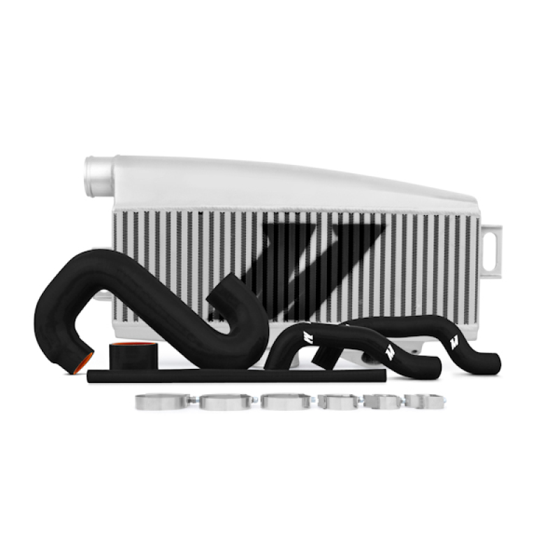 Silver top-mount intercooler with black pipes for Subaru WRX 2002-2007