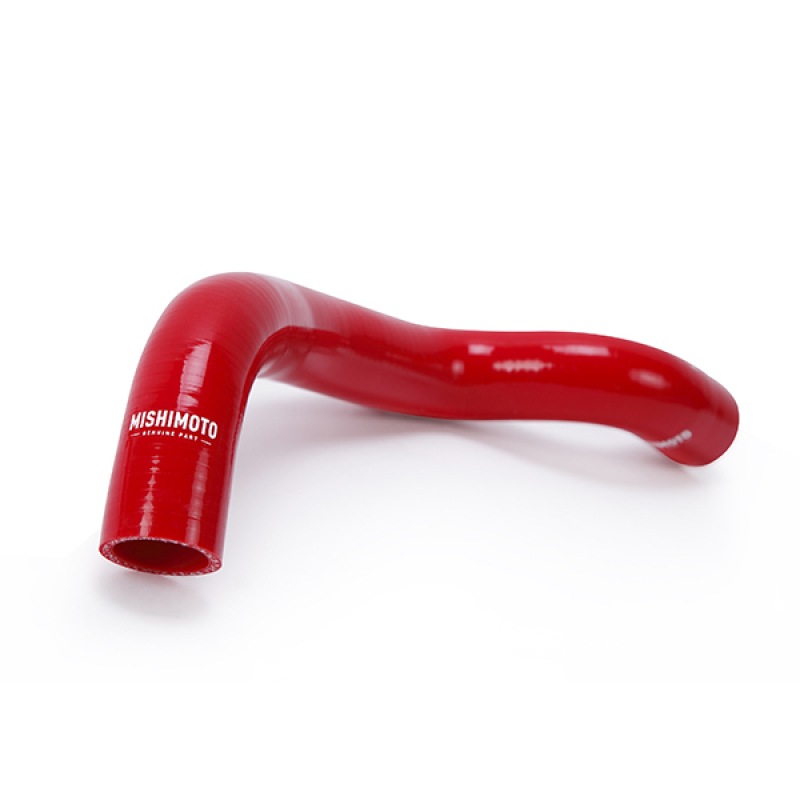 Close-up of red Mishimoto silicone radiator hose showing performance-grade construction