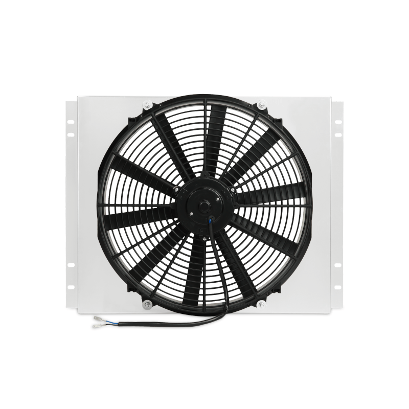 Rear view of Mishimoto aluminum fan shroud showing brushed silver finish
