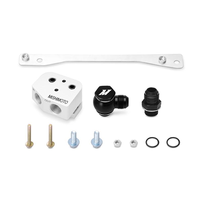 Mishimoto MMOCA-GTO LS1/LS2 front-sump oil cooler adapter kit in CNC-machined silver 6061 aluminum