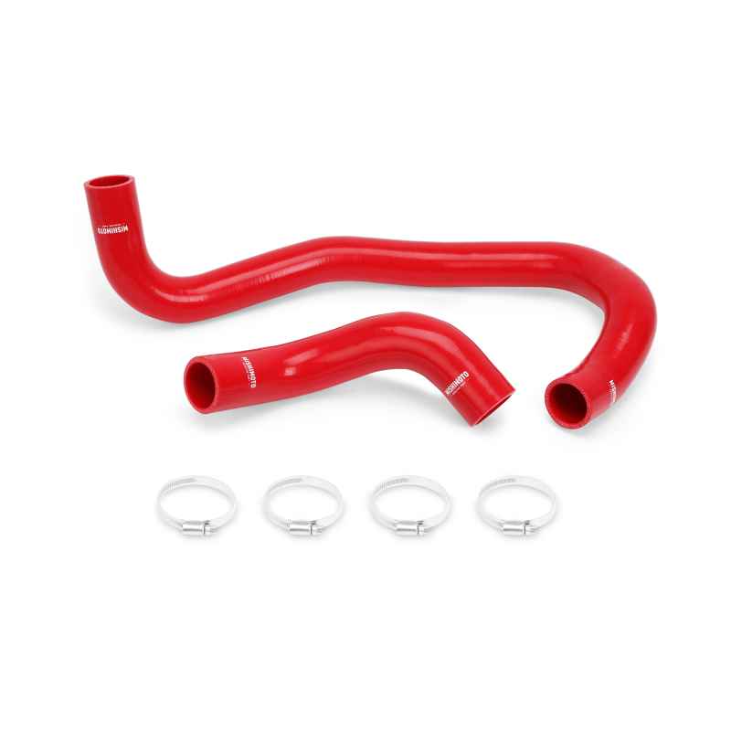 Red silicone upper and lower radiator hoses by Mishimoto with worm-gear clamps included