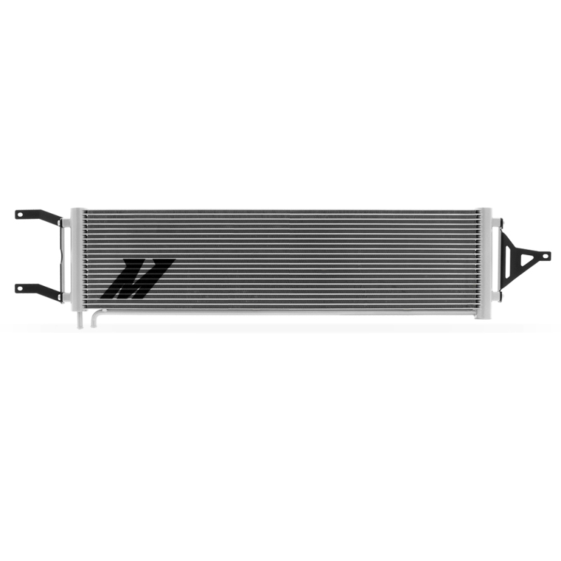 Mishimoto transmission cooler branding on silver finish cooler unit