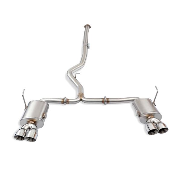 Mishimoto Mustang EcoBoost exhaust showing flat band clamps and included hangers
