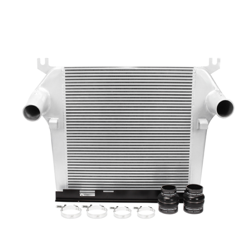 Bar-and-plate core with cast aluminum end tanks on the Mishimoto 6.7L Cummins intercooler