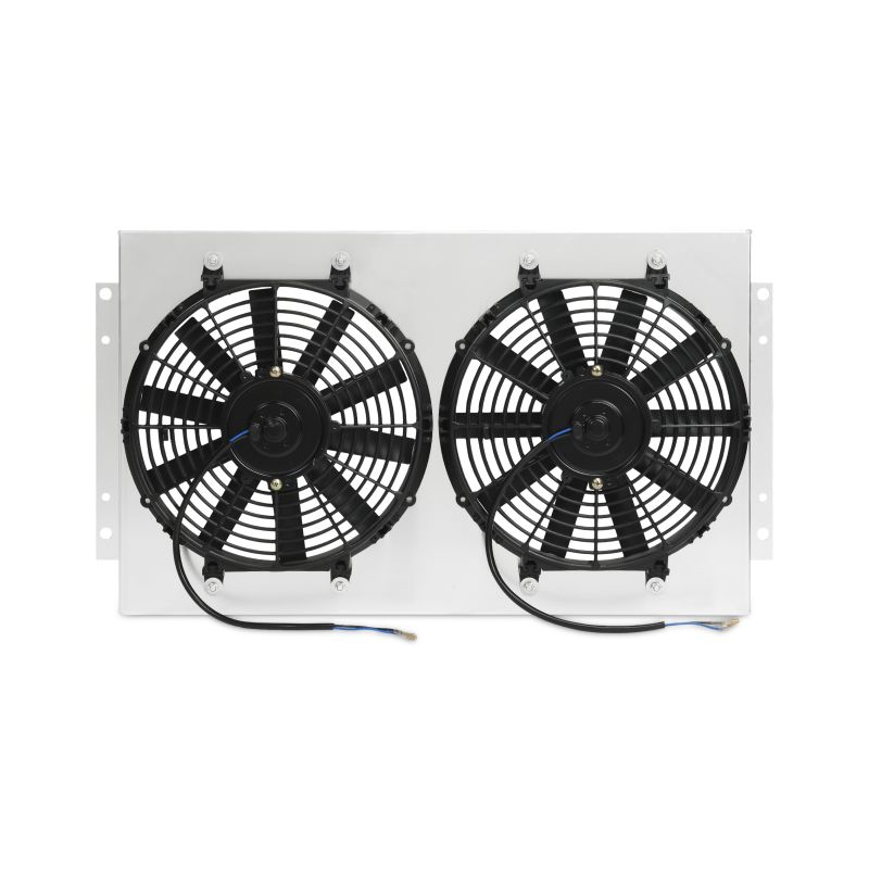 Silver aluminum shroud replacing stock mechanical fan on 1965-67 Chevrolet Chevelle