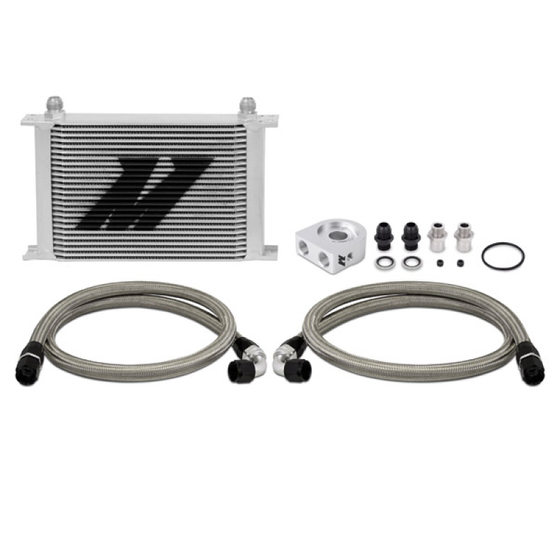 Stainless steel braided -10AN oil lines with dowty seals included in the Mishimoto oil cooler kit