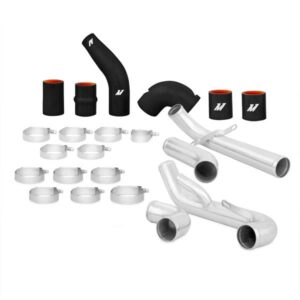 Mishimoto Mitsubishi Evolution X Intercooler Pipe Kit with polished aluminum piping and black silicone couplers