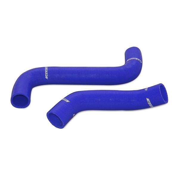 Mishimoto blue radiator hose kit installed in Subaru WRX engine bay