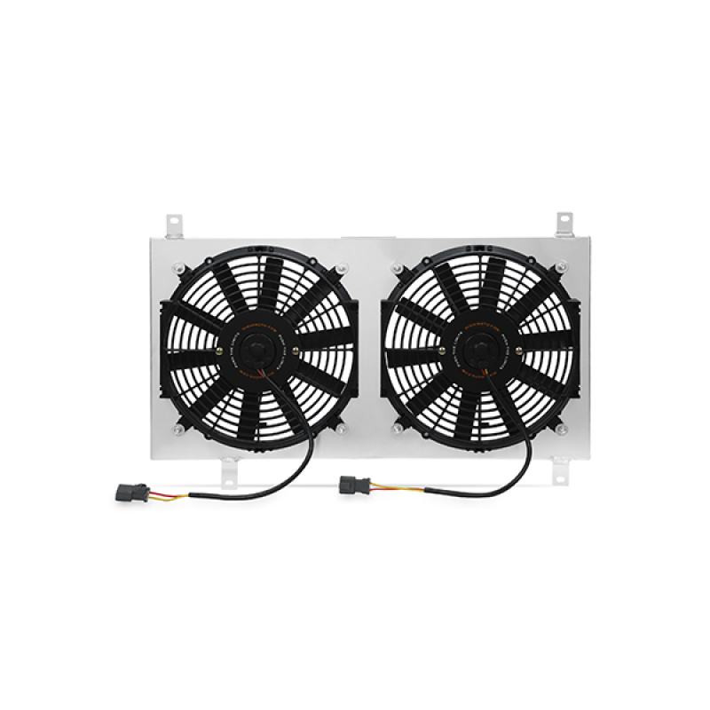 Mishimoto performance aluminum fan shroud installed showing dual fan layout
