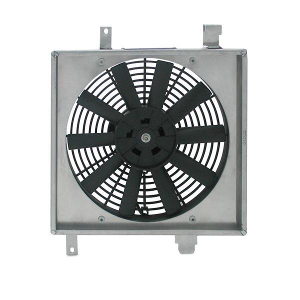 Polished aluminum Mishimoto fan shroud measuring 22 x 18 x 3.5 inches in silver