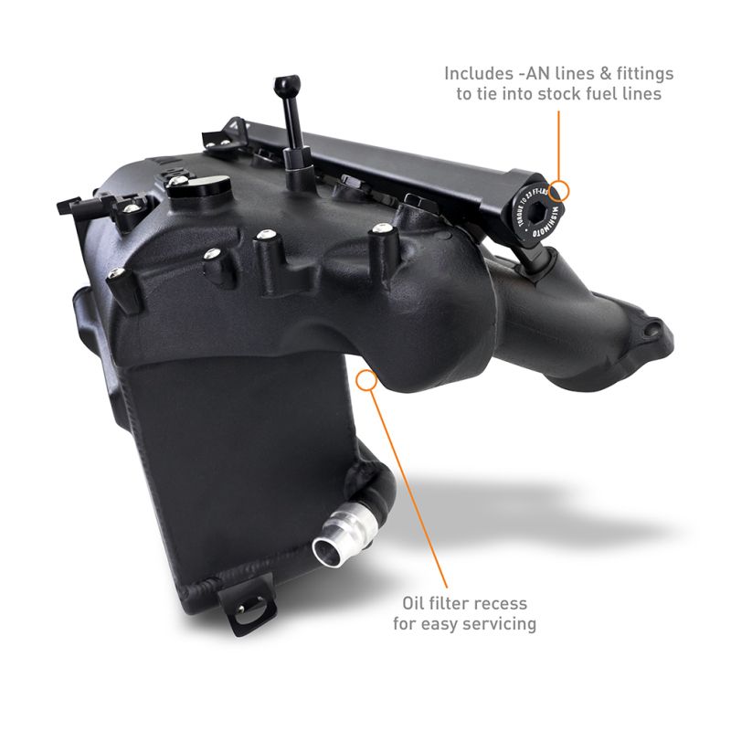 CFD-designed lower plenum and CNC-machined runners on Mishimoto charge air cooler manifold