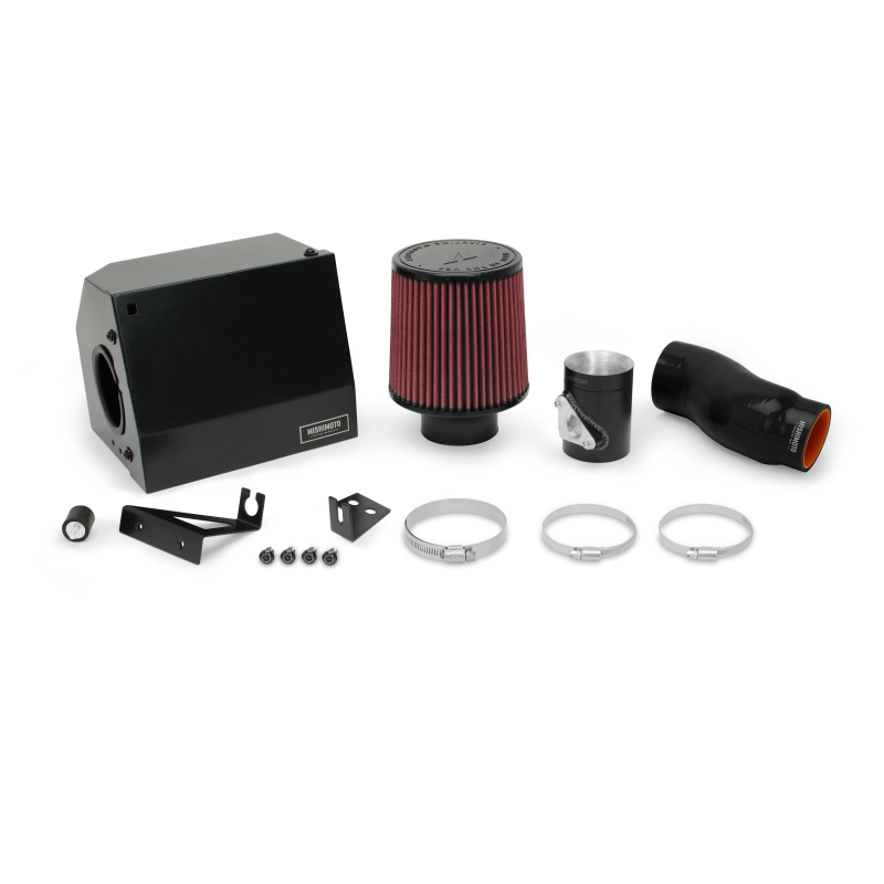 Black powder-coated steel airbox with protective edging on Mishimoto Civic intake