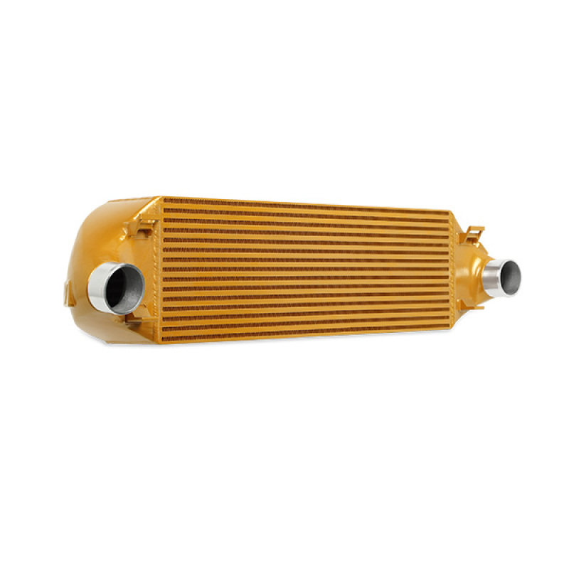 Gold Mishimoto bar-and-plate intercooler core with black piping for Ford Focus ST 2013-2018