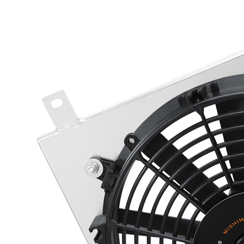 Close-up of Mishimoto slim electric fan blades rated over 1150 CFM each