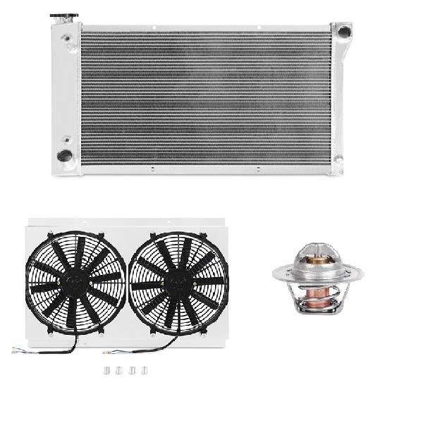 16-inch Mishimoto electric fan mounted to aluminum fan shroud delivering over 1850 CFM airflow