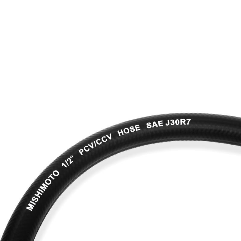 Close-up of Mishimoto black nitrile catch can hose showing 0.5-inch inside diameter