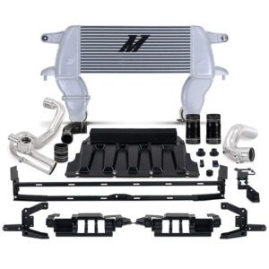 Mishimoto High-Mount Intercooler Kit with silver core and polished pipes for Ford Bronco 2.3L EcoBoost